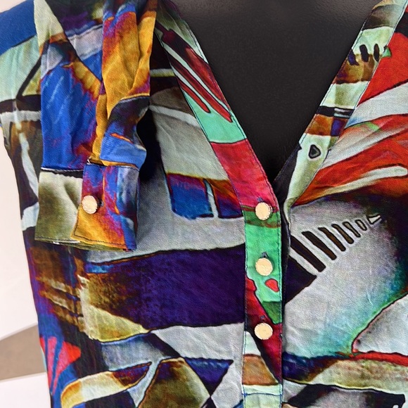 Indus colorful bright slightly sheer long sleeve Art Deco shirt tunic size M - Picture 3 of 10